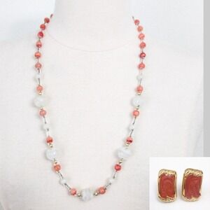 Glass Beaded Coral Orange, White & Gold 14" Necklace & Clip Earring Jewelry Set